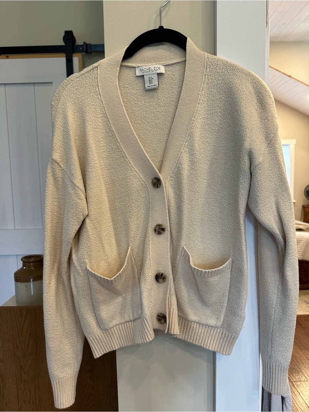 Rachel Zoe Cream Textured V-Neck Pocket Cardigan